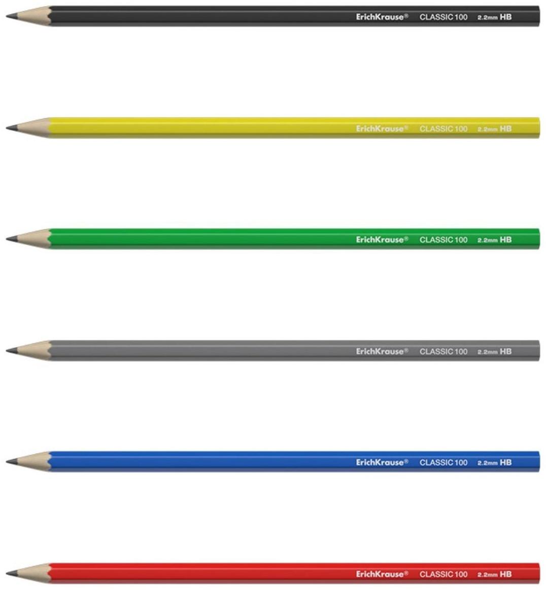 Карандаш чернографитный ErichKrause Classic 100, HB, грифель d= 2.2 мм, шестигранный, корпус биоразлагаемый пластик, МИКС