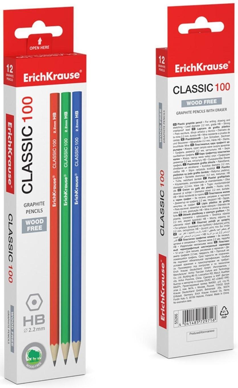 Карандаш чернографитный ErichKrause Classic 100, HB, грифель d= 2.2 мм, шестигранный, корпус биоразлагаемый пластик, МИКС