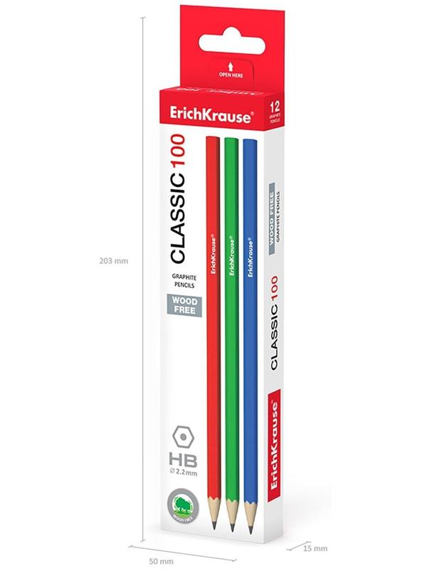 Карандаш чернографитный ErichKrause Classic 100, HB, грифель d= 2.2 мм, шестигранный, корпус биоразлагаемый пластик, МИКС