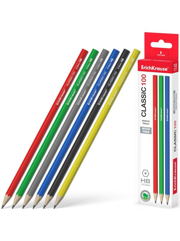 Карандаш чернографитный ErichKrause Classic 100, HB, грифель d= 2.2 мм, шестигранный, корпус биоразлагаемый пластик, МИКС