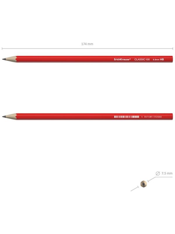 Карандаш чернографитный ErichKrause Classic 100, HB, грифель d= 2.2 мм, шестигранный, корпус биоразлагаемый пластик, МИКС