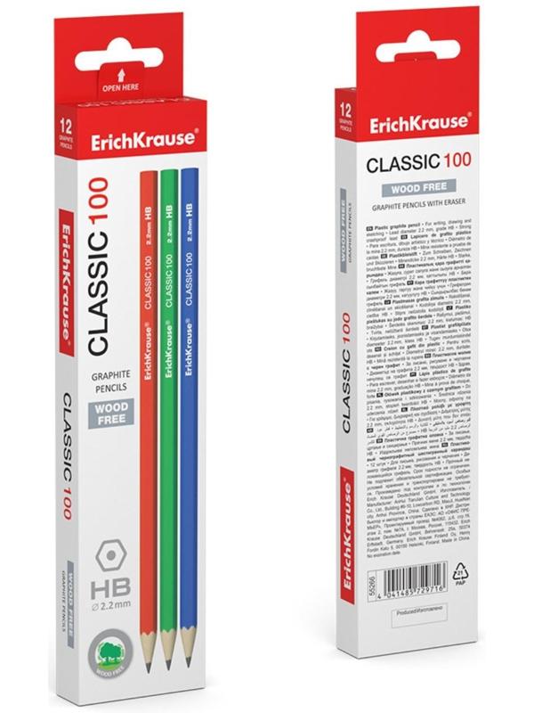 Карандаш чернографитный ErichKrause Classic 100, HB, грифель d= 2.2 мм, шестигранный, корпус биоразлагаемый пластик, МИКС