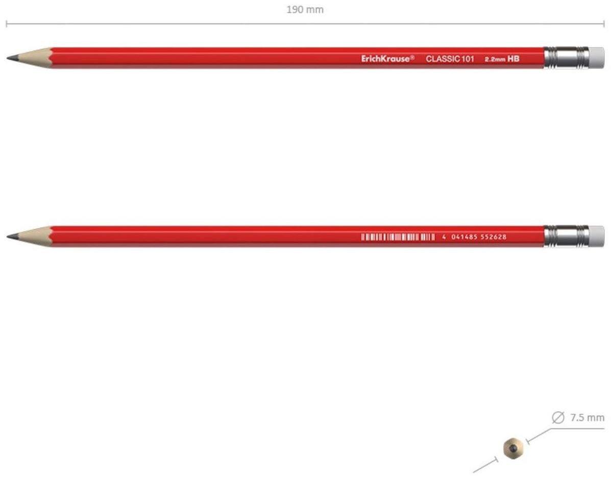 Карандаш чернографитный с ластиком ErichKrause Classic 101, HB, грифель d= 2.2 мм, шестигранный, корпус из биоразлагаемого пластика