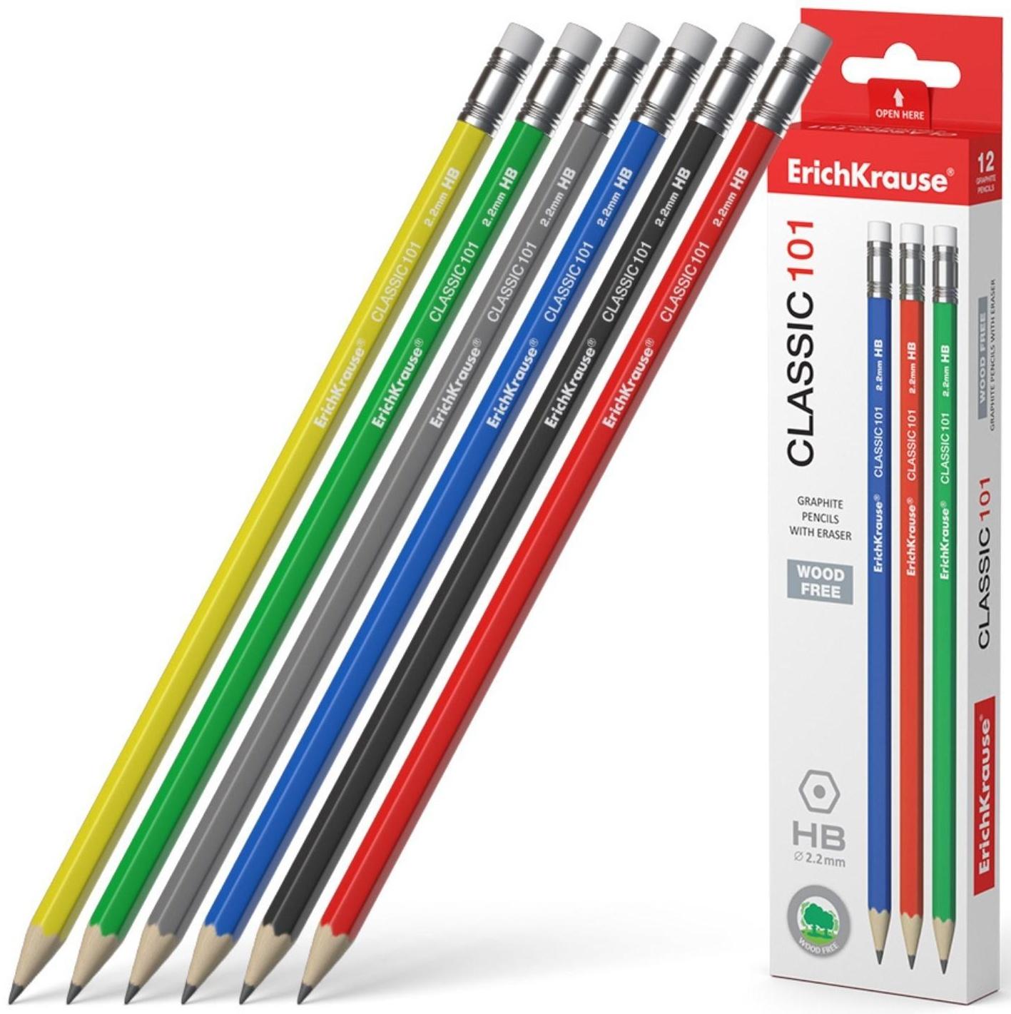 Карандаш чернографитный с ластиком ErichKrause Classic 101, HB, грифель d= 2.2 мм, шестигранный, корпус из биоразлагаемого пластика