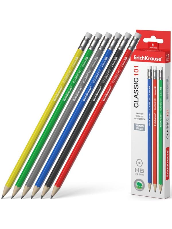 Карандаш чернографитный с ластиком ErichKrause Classic 101, HB, грифель d= 2.2 мм, шестигранный, корпус из биоразлагаемого пластика