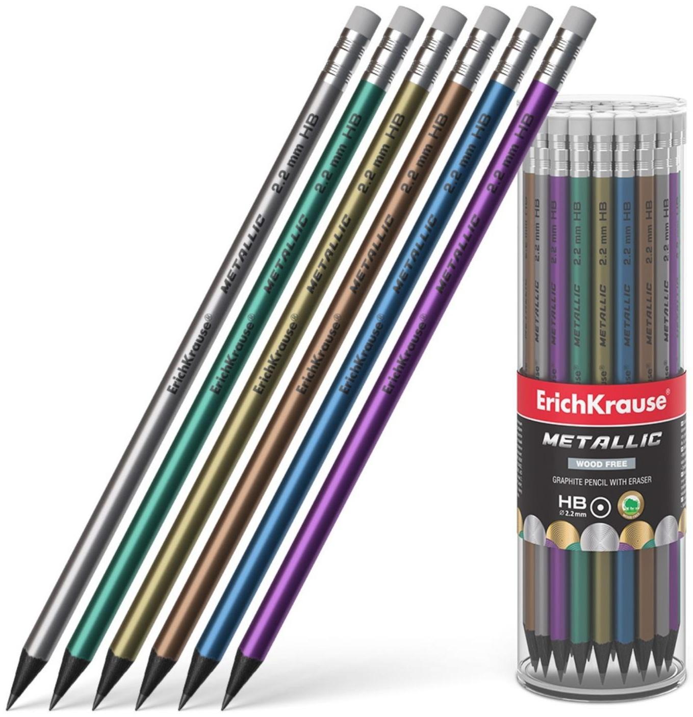 Карандаш чернографитный с ластиком ErichKrause Metallic, HB, грифель d= 2.2 мм, круглый, корпус из биоразлагаемого пластика