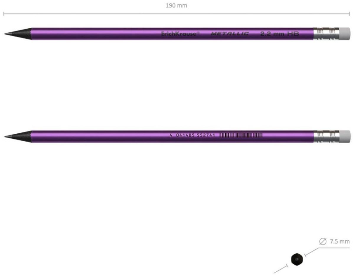 Карандаш чернографитный с ластиком ErichKrause Metallic, HB, грифель d= 2.2 мм, круглый, корпус из биоразлагаемого пластика