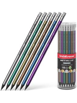 Карандаш чернографитный с ластиком ErichKrause Metallic, HB, грифель d= 2.2 мм, круглый, корпус из биоразлагаемого пластика