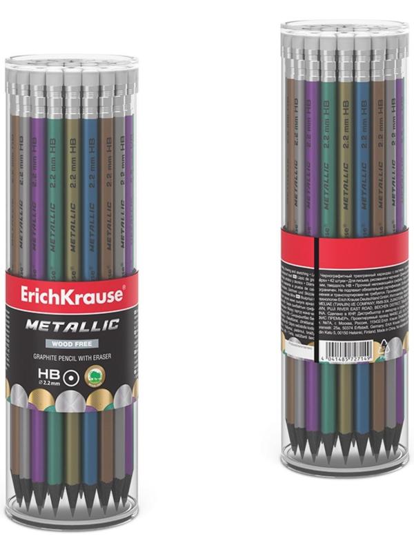 Карандаш чернографитный с ластиком ErichKrause Metallic, HB, грифель d= 2.2 мм, круглый, корпус из биоразлагаемого пластика