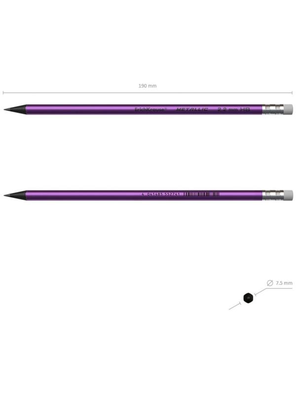 Карандаш чернографитный с ластиком ErichKrause Metallic, HB, грифель d= 2.2 мм, круглый, корпус из биоразлагаемого пластика