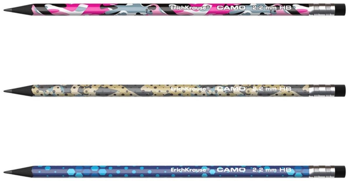 Карандаш чернографитный с ластиком ErichKrause Camo, HB, грифель d= 2.2 мм, трёхгранный, корпус из биоразлагаемого пластика