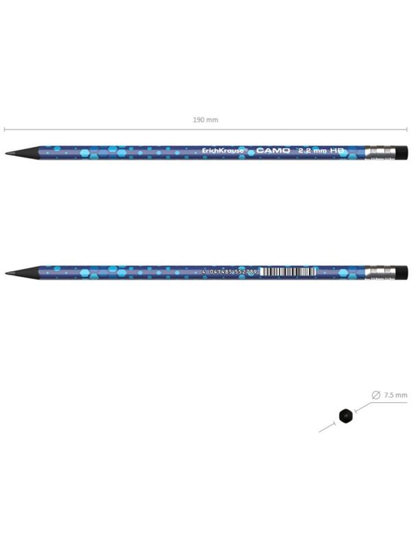 Карандаш чернографитный с ластиком ErichKrause Camo, HB, грифель d= 2.2 мм, трёхгранный, корпус из биоразлагаемого пластика