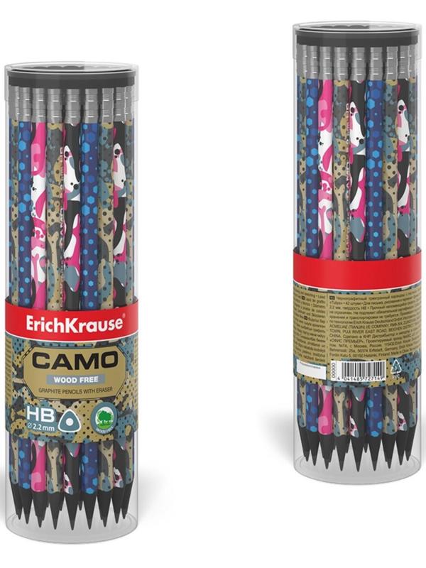 Карандаш чернографитный с ластиком ErichKrause Camo, HB, грифель d= 2.2 мм, трёхгранный, корпус из биоразлагаемого пластика