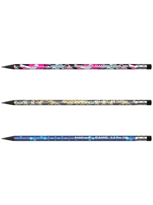 Карандаш чернографитный с ластиком ErichKrause Camo, HB, грифель d= 2.2 мм, трёхгранный, корпус из биоразлагаемого пластика