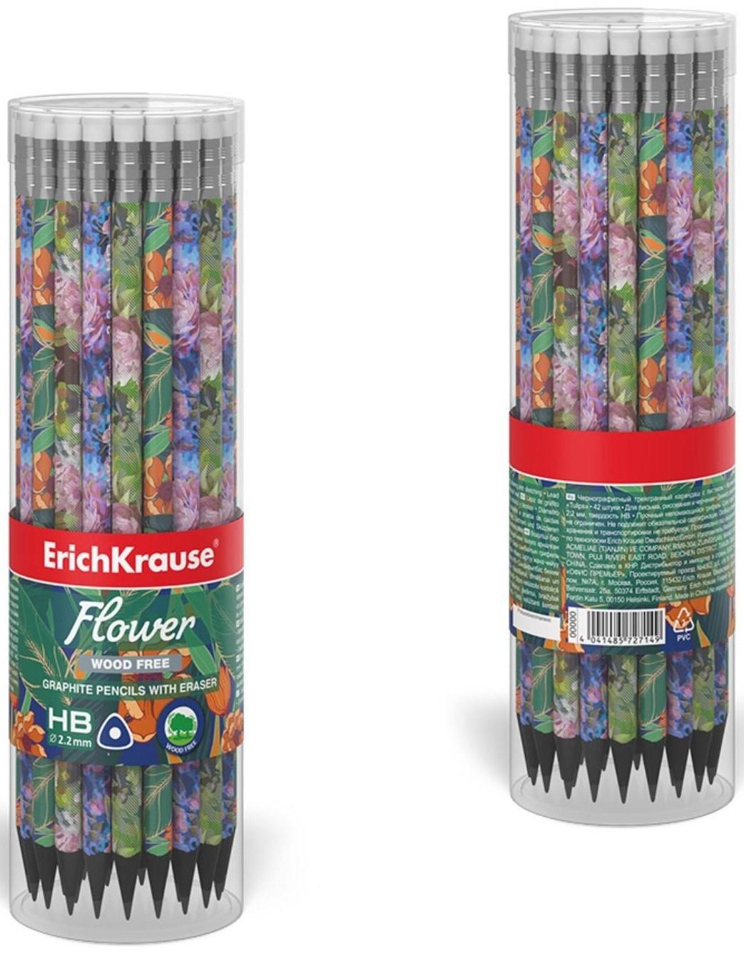 Карандаш чернографитный с ластиком ErichKrause Flower, HB, грифель d= 2.2 мм, трёхгранный, корпус из биоразлагаемого пластика
