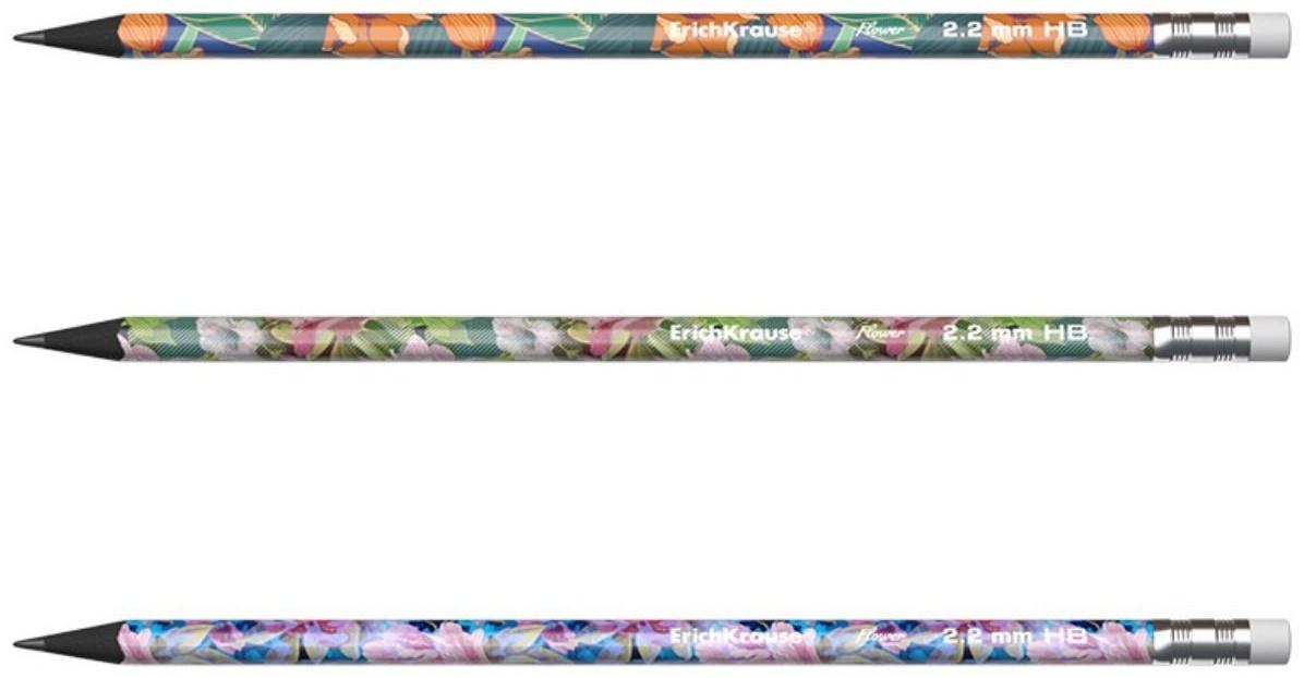 Карандаш чернографитный с ластиком ErichKrause Flower, HB, грифель d= 2.2 мм, трёхгранный, корпус из биоразлагаемого пластика