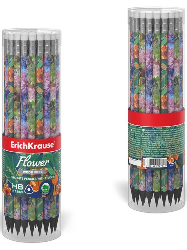 Карандаш чернографитный с ластиком ErichKrause Flower, HB, грифель d= 2.2 мм, трёхгранный, корпус из биоразлагаемого пластика