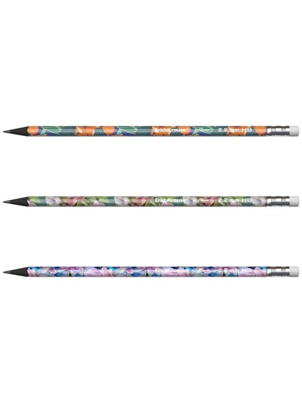Карандаш чернографитный с ластиком ErichKrause Flower, HB, грифель d= 2.2 мм, трёхгранный, корпус из биоразлагаемого пластика