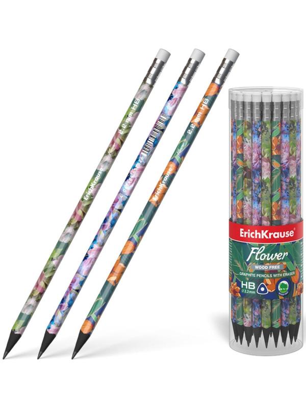 Карандаш чернографитный с ластиком ErichKrause Flower, HB, грифель d= 2.2 мм, трёхгранный, корпус из биоразлагаемого пластика