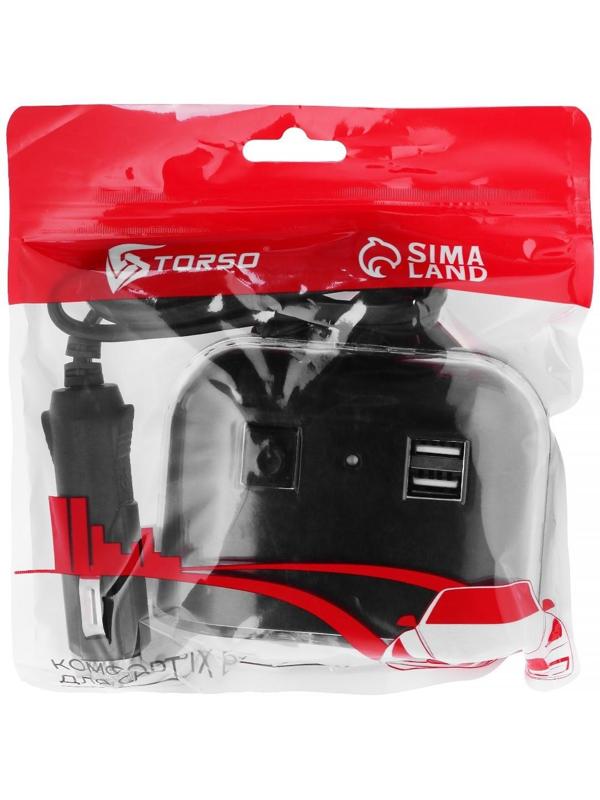 Разветвитель прикуривателя TORSO, 12-24 В, USB 2А, провод 50 см, подсветка