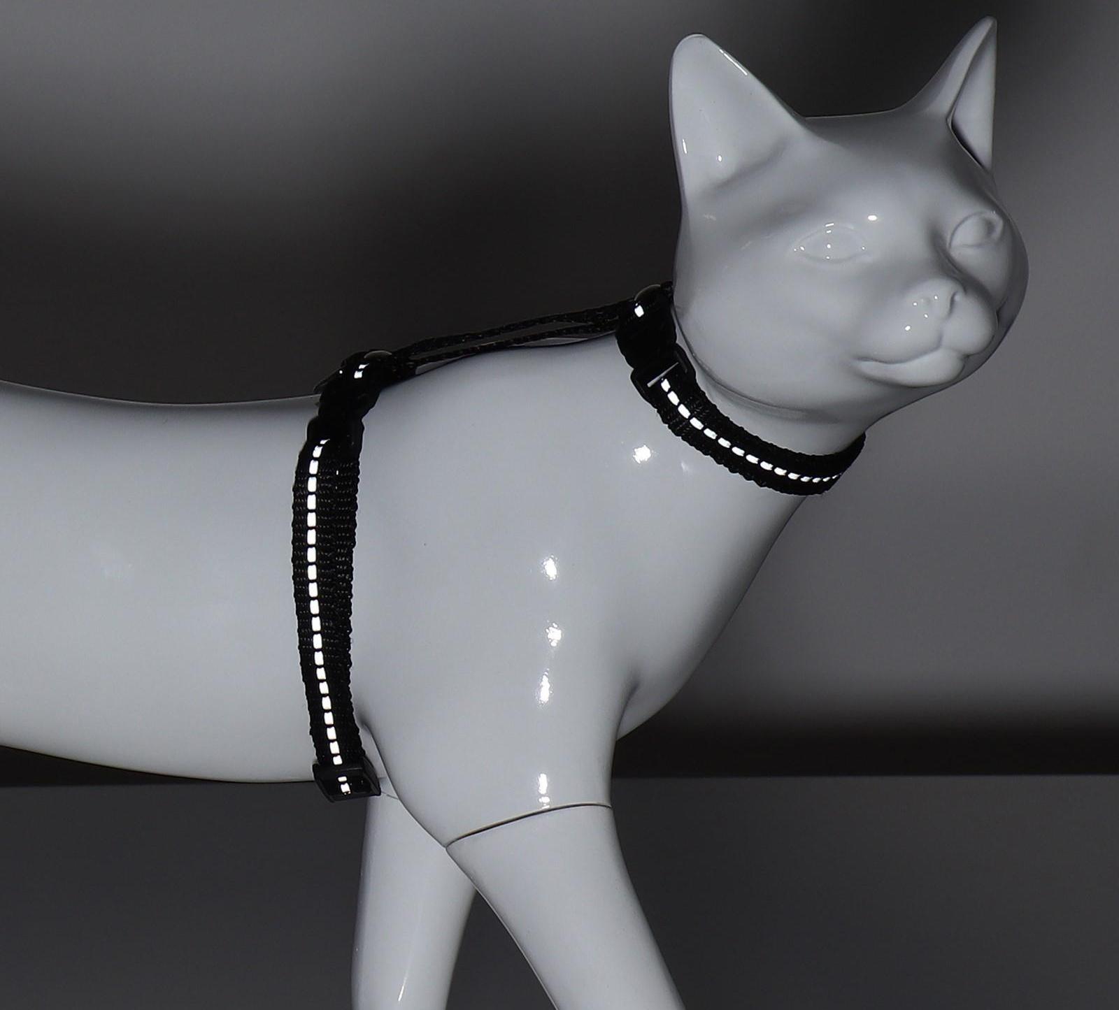 Шлейка для кошек, ширина 1 см, светоотражающий, ОШ 16,5-27 см, ОГ 21-35 см, чёрный