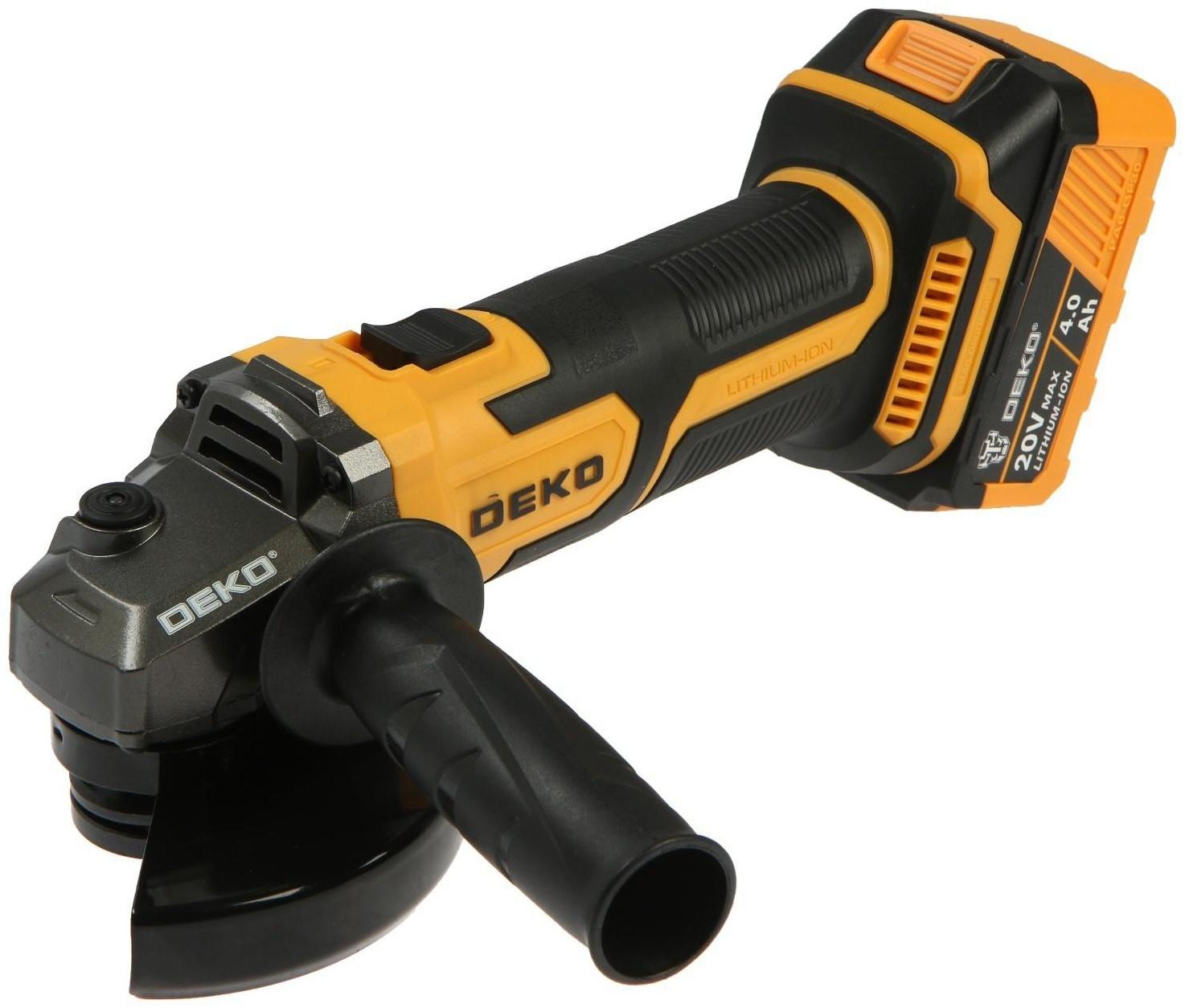 Аккумуляторная угловая шлифмашина DEKO DKAG20-125, 20 В, 2 Ач, Li-Ion, d=125х22.2 мм