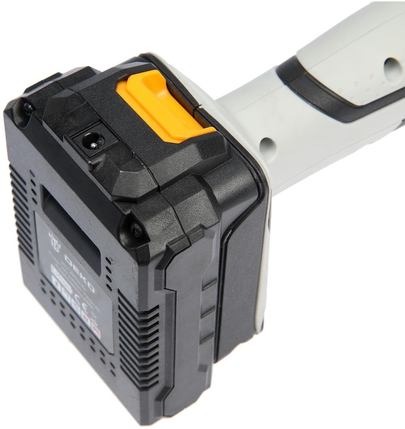 Аккумуляторная угловая шлифмашина DEKO DKAG20-125, 20 В, 2 Ач, Li-Ion, d=125х22.2 мм