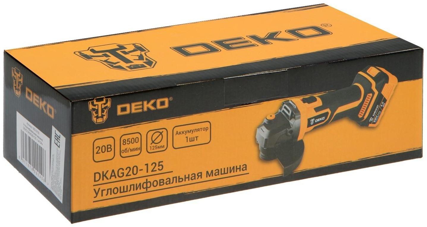 Аккумуляторная угловая шлифмашина DEKO DKAG20-125, 20 В, 2 Ач, Li-Ion, d=125х22.2 мм