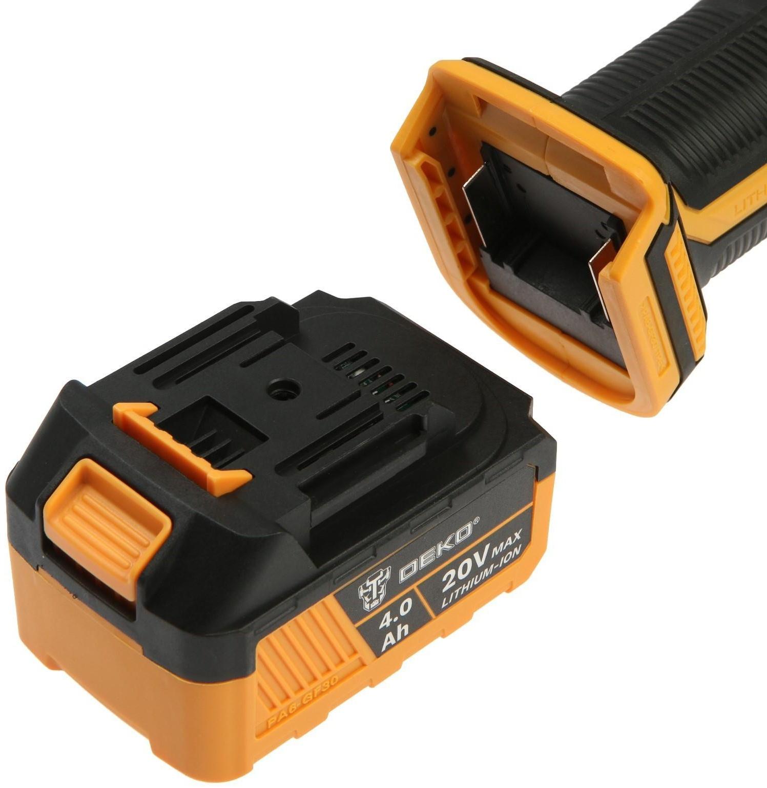 Аккумуляторная угловая шлифмашина DEKO DKAG20-125, 20 В, 2 Ач, Li-Ion, d=125х22.2 мм