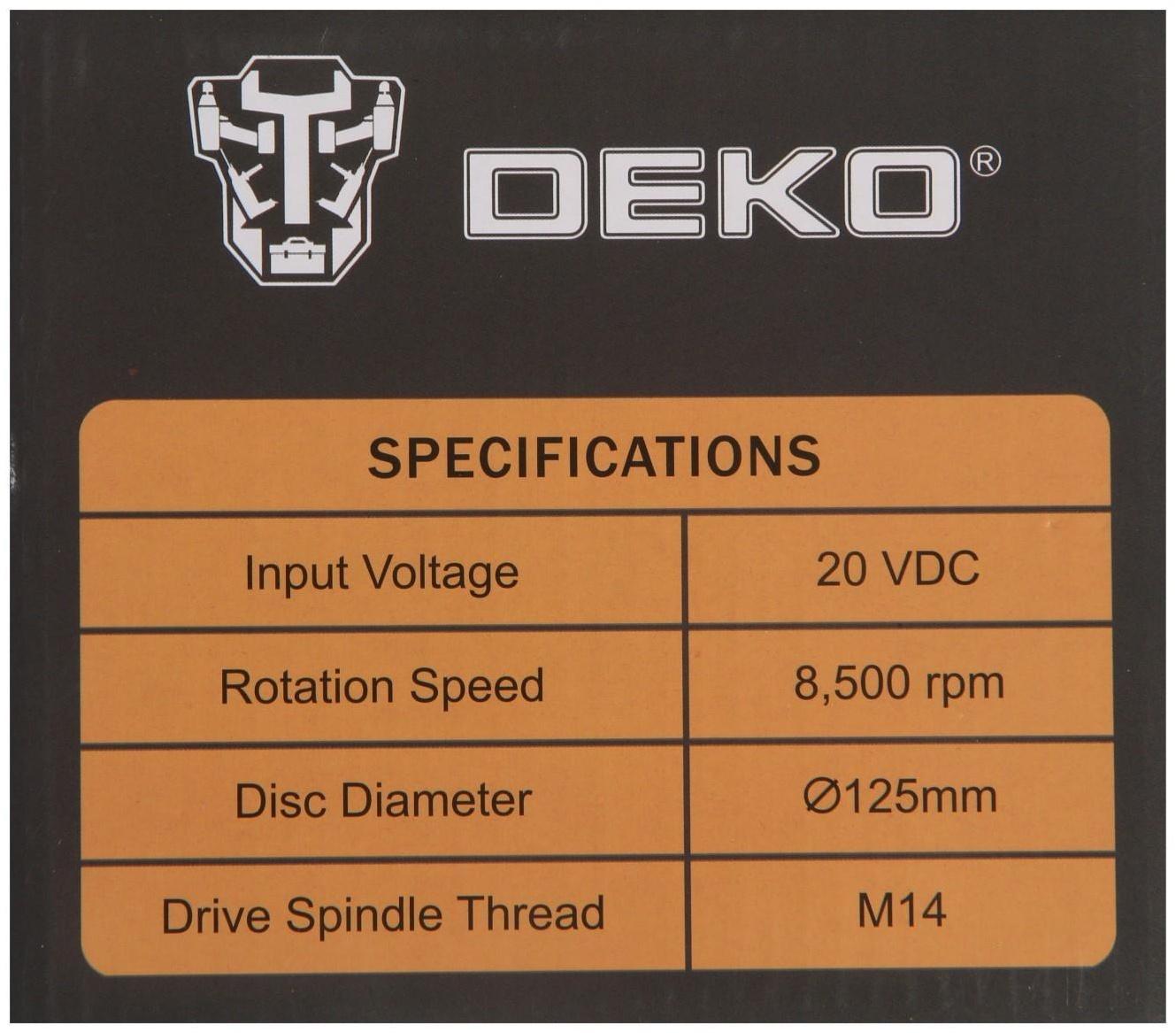 Аккумуляторная угловая шлифмашина DEKO DKAG20-125, 20 В, 2 Ач, Li-Ion, d=125х22.2 мм