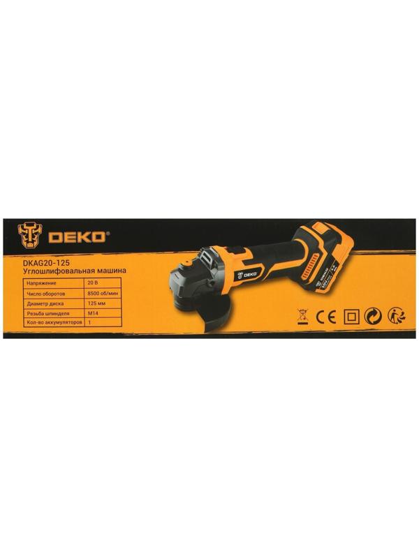 Аккумуляторная угловая шлифмашина DEKO DKAG20-125, 20 В, 2 Ач, Li-Ion, d=125х22.2 мм