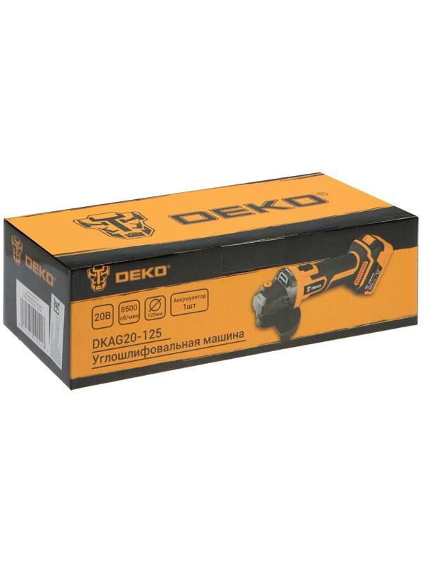 Аккумуляторная угловая шлифмашина DEKO DKAG20-125, 20 В, 2 Ач, Li-Ion, d=125х22.2 мм