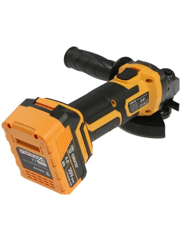 Аккумуляторная угловая шлифмашина DEKO DKAG20-125, 20 В, 2 Ач, Li-Ion, d=125х22.2 мм