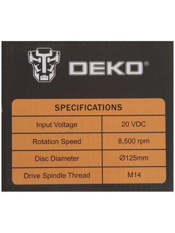 Аккумуляторная угловая шлифмашина DEKO DKAG20-125, 20 В, 2 Ач, Li-Ion, d=125х22.2 мм