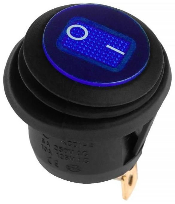 Переключатель влагозащищенный круглый синий с подсветкой, 250 В, 6 А, 3 контакта