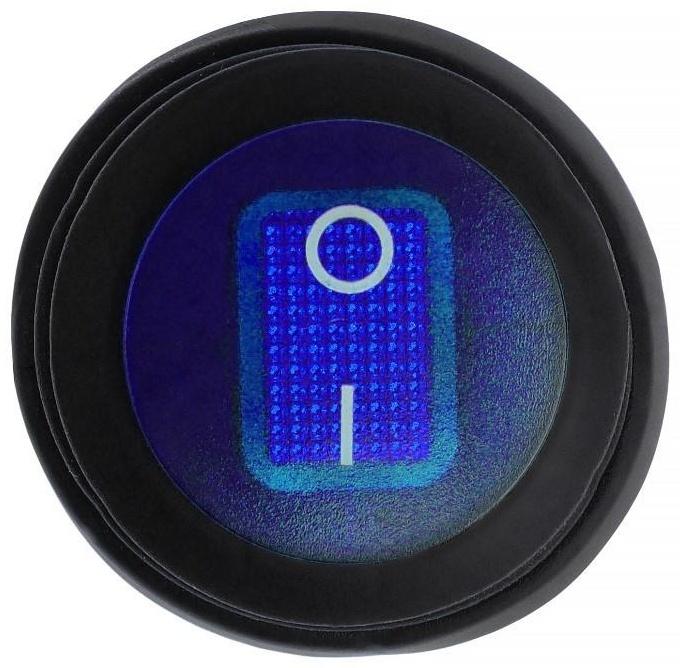 Переключатель влагозащищенный круглый синий с подсветкой, 250 В, 6 А, 3 контакта