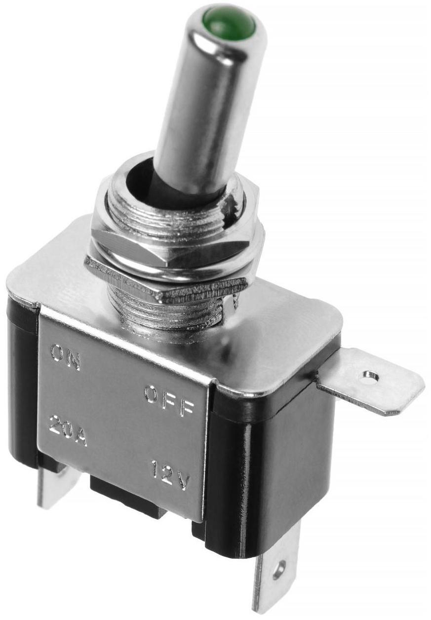 Тумблер однополюсный М5 с зелёной LED индикацией, 12 В, 20 A, 3 контакта