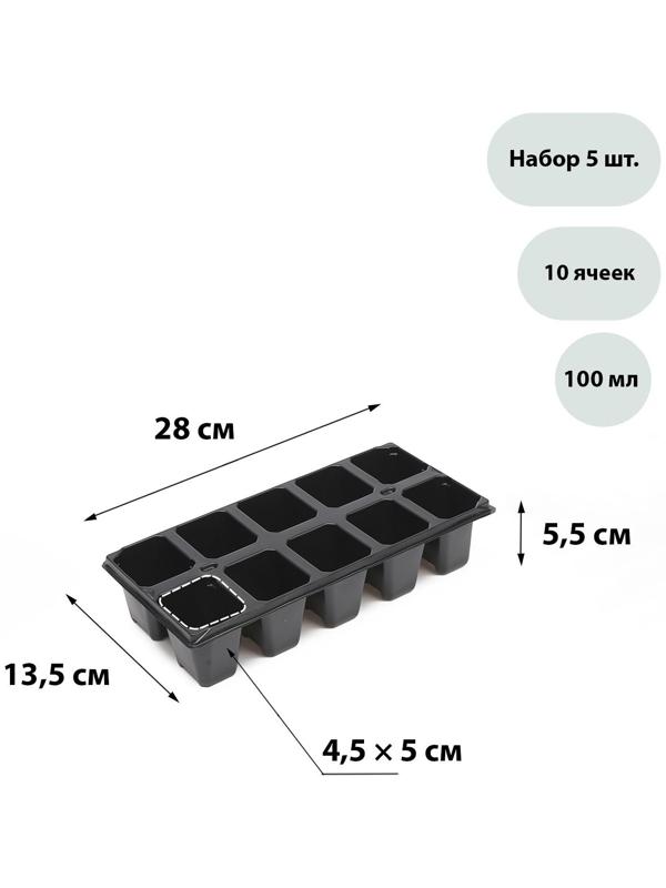 Кассета для рассады, 10 ячеек по 100 мл, набор 5 шт., чёрная