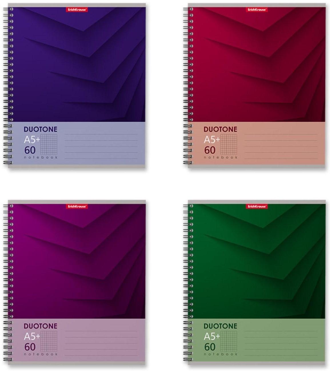 Тетрадь 60 листов в клетку на спирали ErichKrause Duotone Next, обложка мелованный картон, жёсткая подложка, блок офсет, белизна 100% / Микс 4 шт.