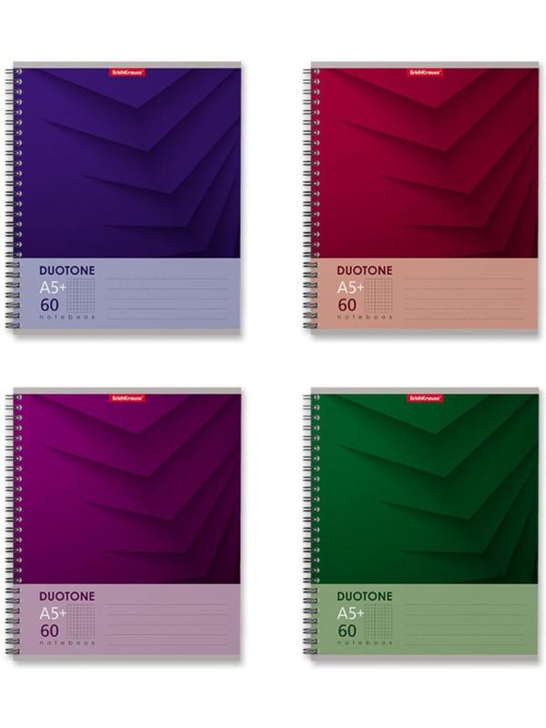 Тетрадь 60 листов в клетку на спирали ErichKrause Duotone Next, обложка мелованный картон, жёсткая подложка, блок офсет, белизна 100% / Микс 4 шт.