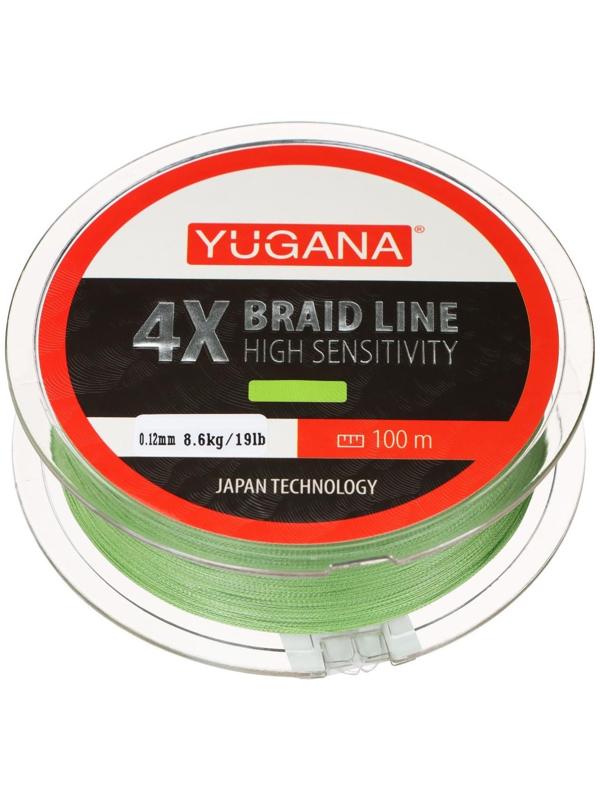 Леска плетеная YUGANA X4 PE, диаметр 0.12 мм, 8.6 кг, 100 м, зелёная