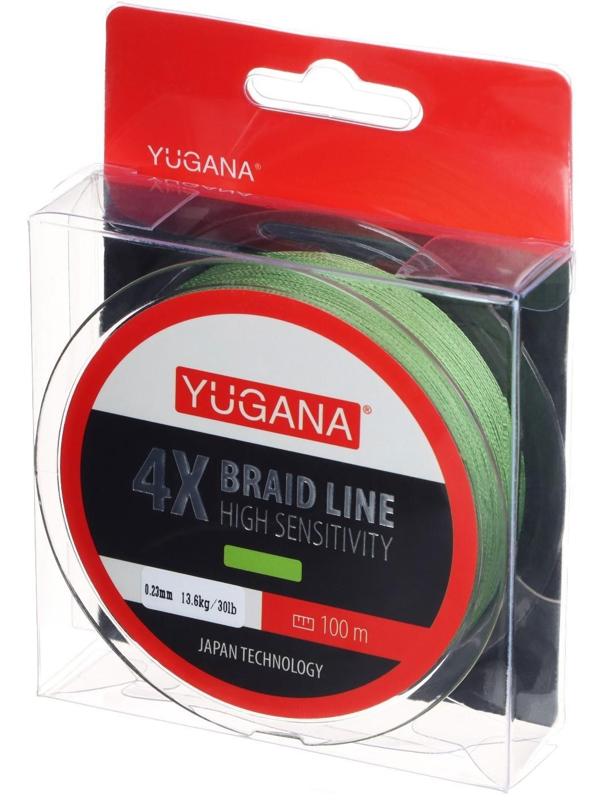 Леска плетеная YUGANA X4 PE, диаметр 0.23 мм, 13.6 кг, 100 м, зелёная