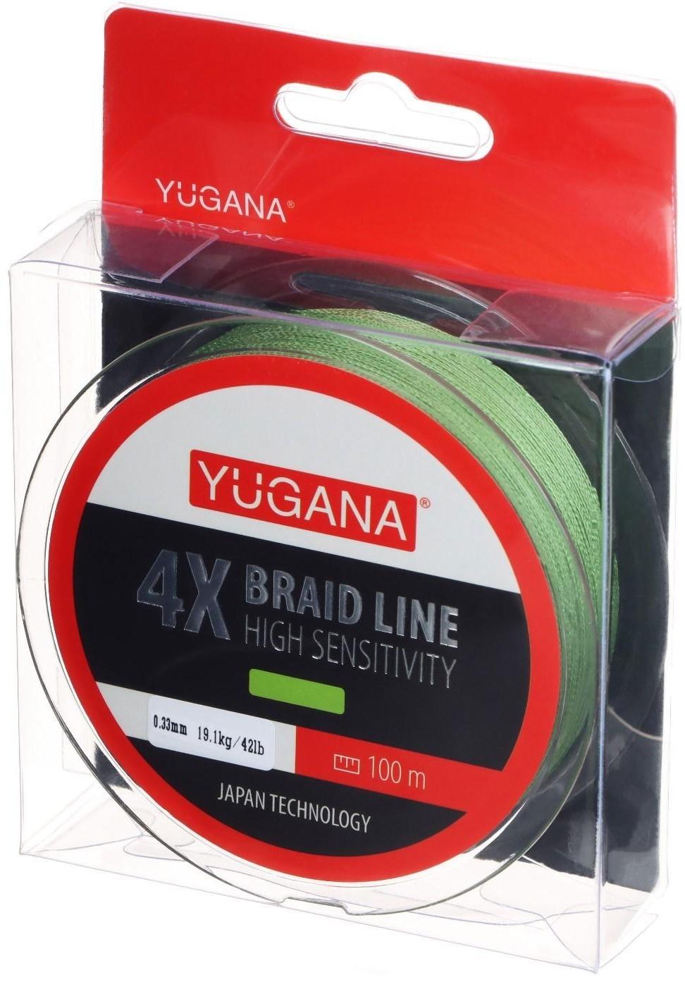 Леска плетеная YUGANA X4 PE, диаметр 0.33 мм, 19.1 кг, 100 м, зелёная
