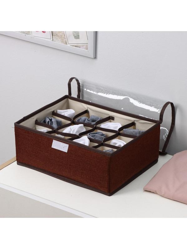 Органайзер для хранения белья с прозрачной крышкой Доляна «Тео», 12 отделений, 32×23×12 см, цвет коричневый
