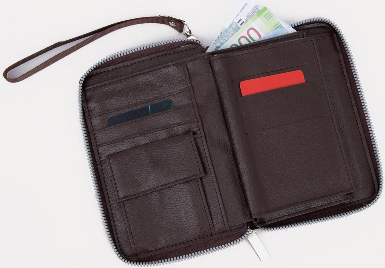 Портмоне на молнии 3 в 1 для автодокументов и паспорта, 2 отдела, для карт, для монет, цвет коричневый