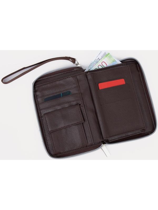 Портмоне на молнии 3 в 1 для автодокументов и паспорта, 2 отдела, для карт, для монет, цвет коричневый