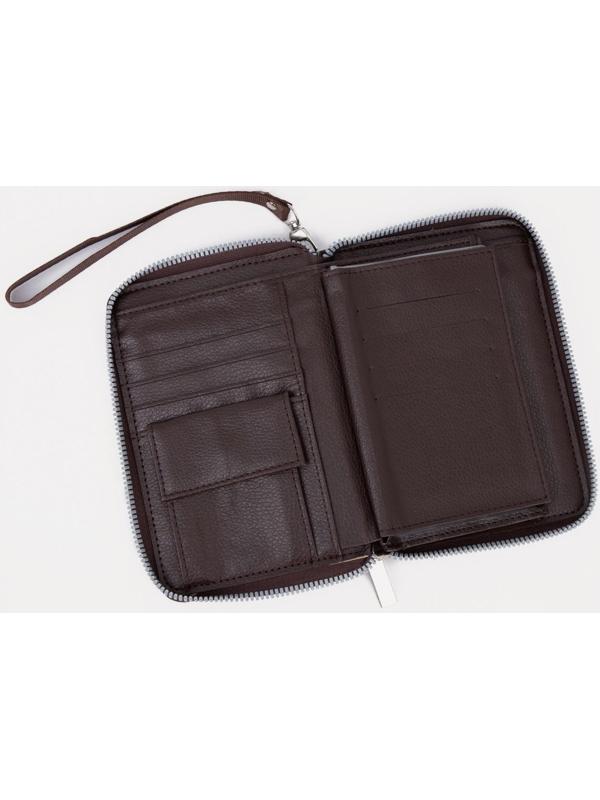 Портмоне на молнии 3 в 1 для автодокументов и паспорта, 2 отдела, для карт, для монет, цвет коричневый
