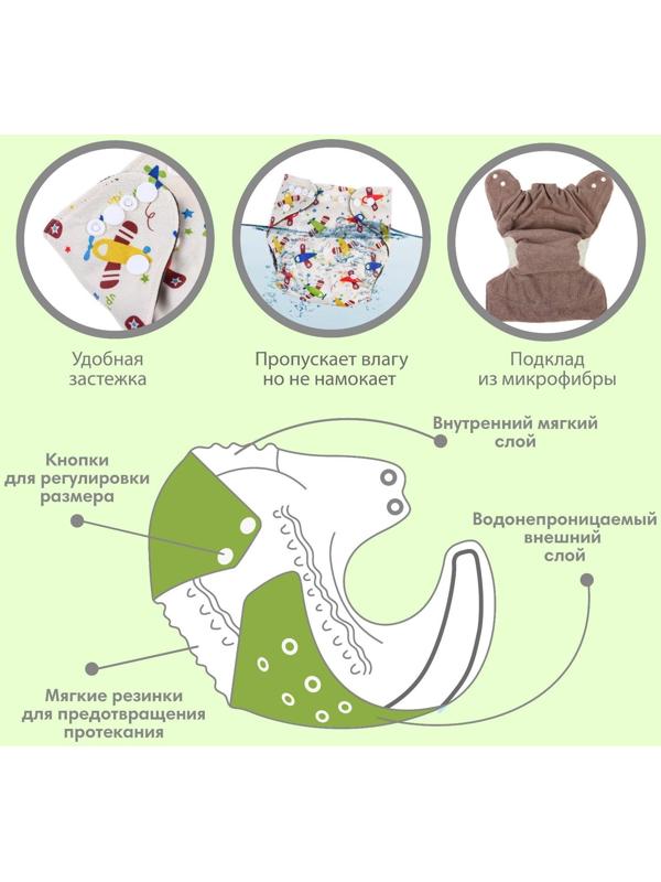 Трусики-подгузник, многоразовый, угольно-бамбуковая ткань, «Самолеты», от 0-36 мес.