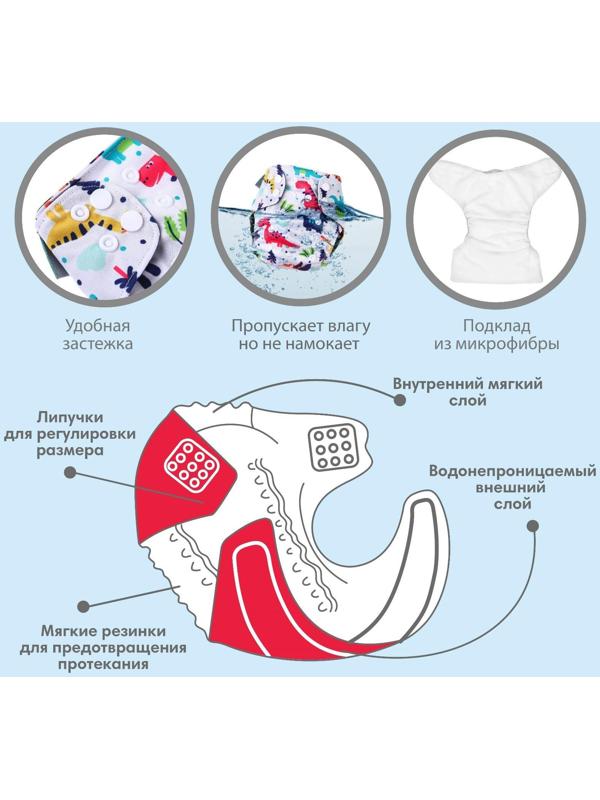 Трусики-подгузник, многоразовый, угольно-бамбуковая ткань, «Динозаврики», от 0-12 мес.