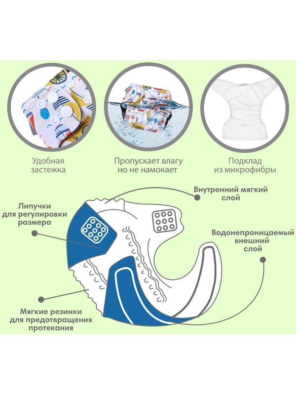Трусики-подгузник, многоразовый, угольно-бамбуковая ткань, «Кораблики», от 0-12 мес.